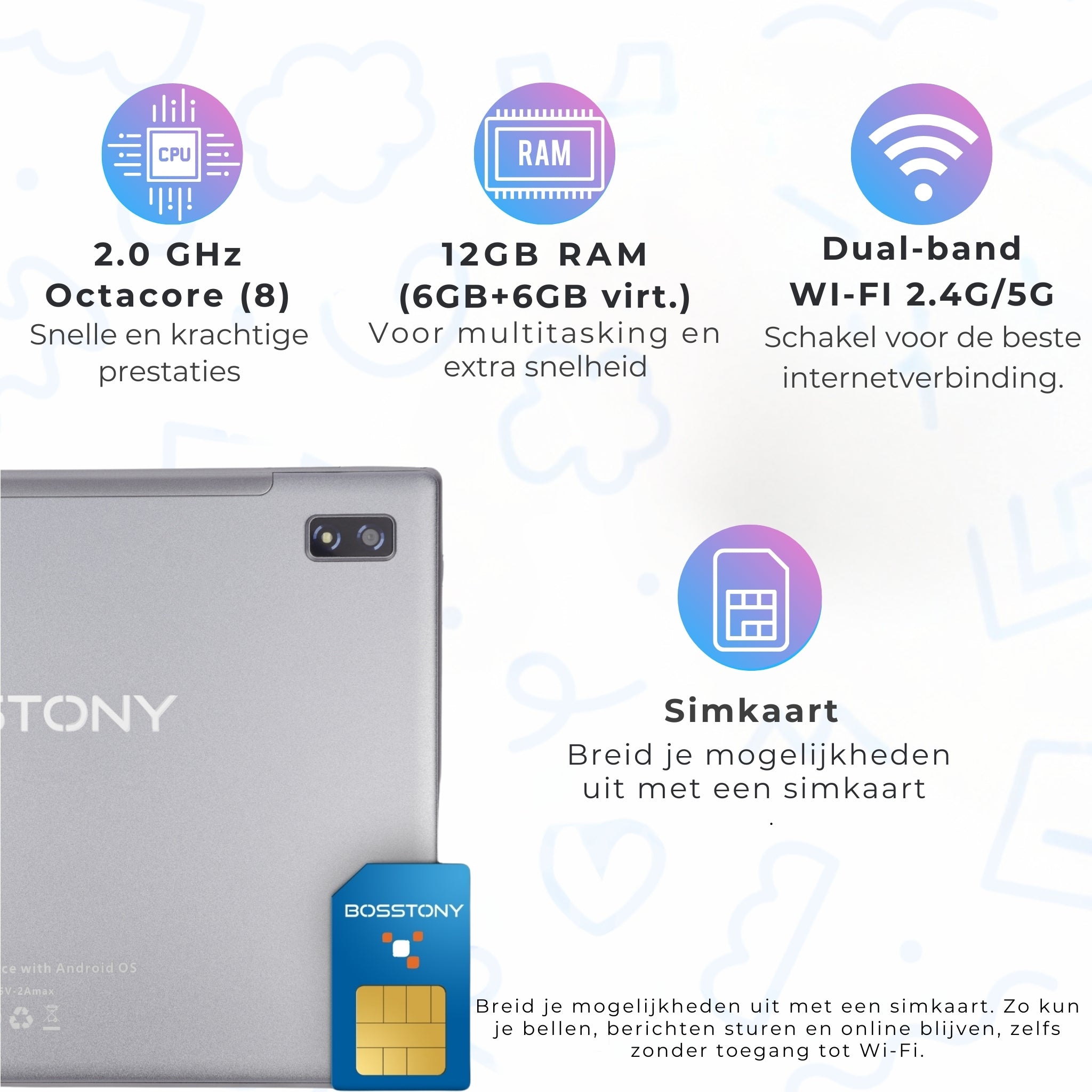 Bosstony kindertablet 10,1 inch 128 GB met razendsnelle prestaties