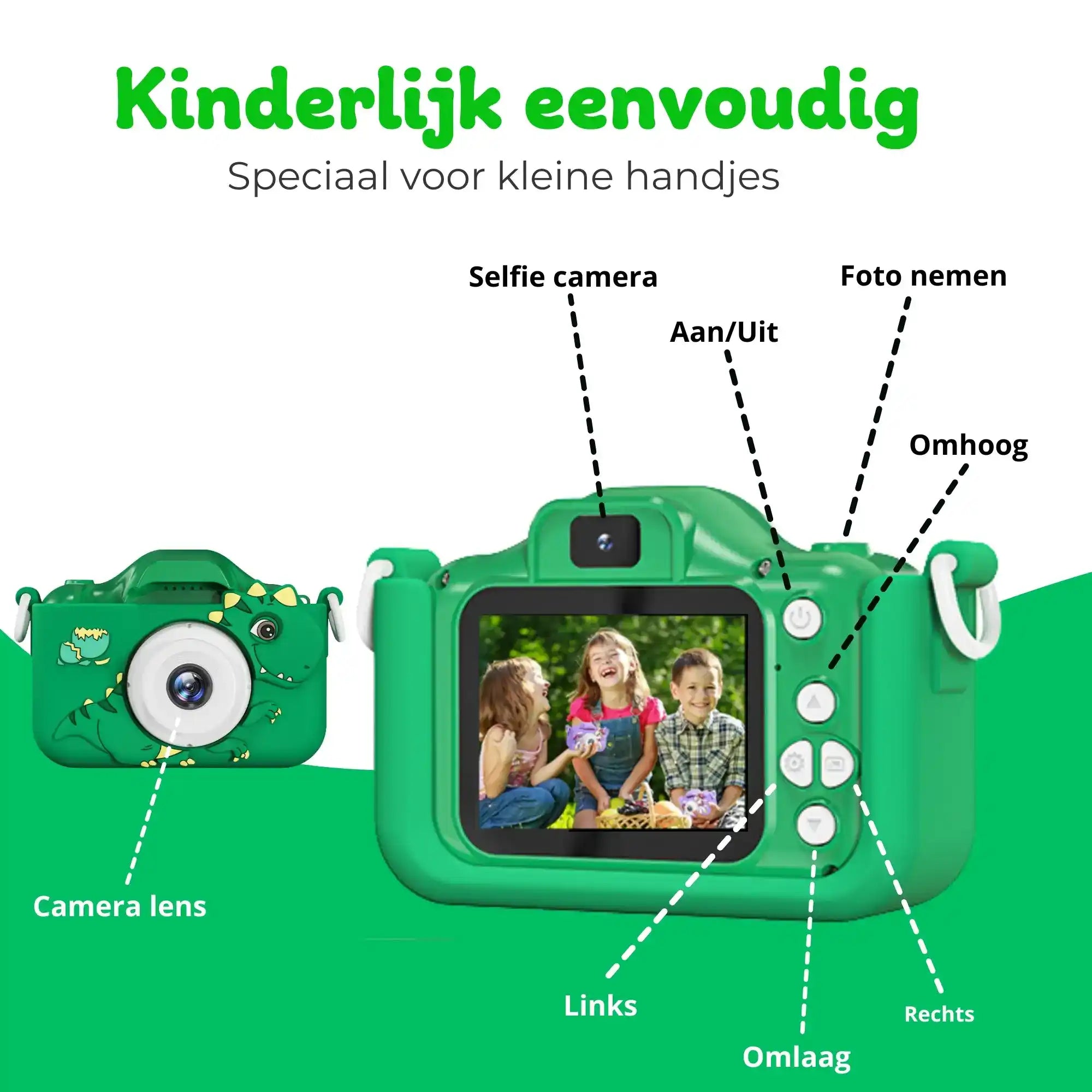 groene kindercamera met 48MP, dubbele lens en ingebouwde spelletjes voor extra plezier