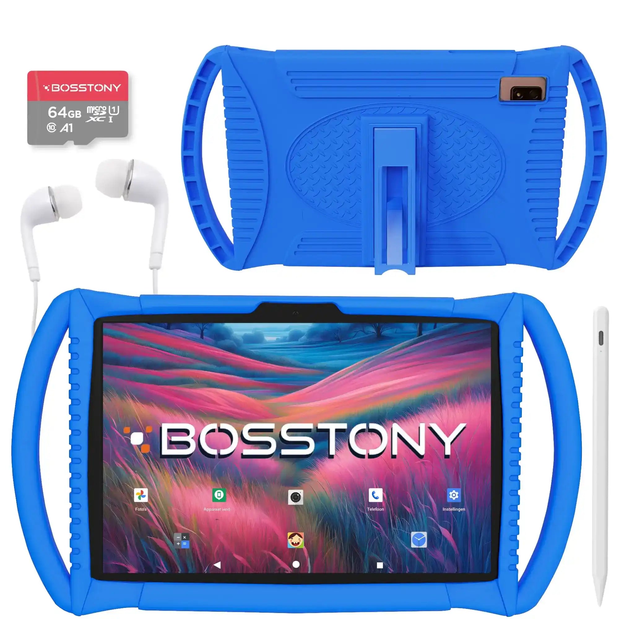 Bosstony kids tablet blauw 64gb kaart oordopjes styluspen beschermhoes