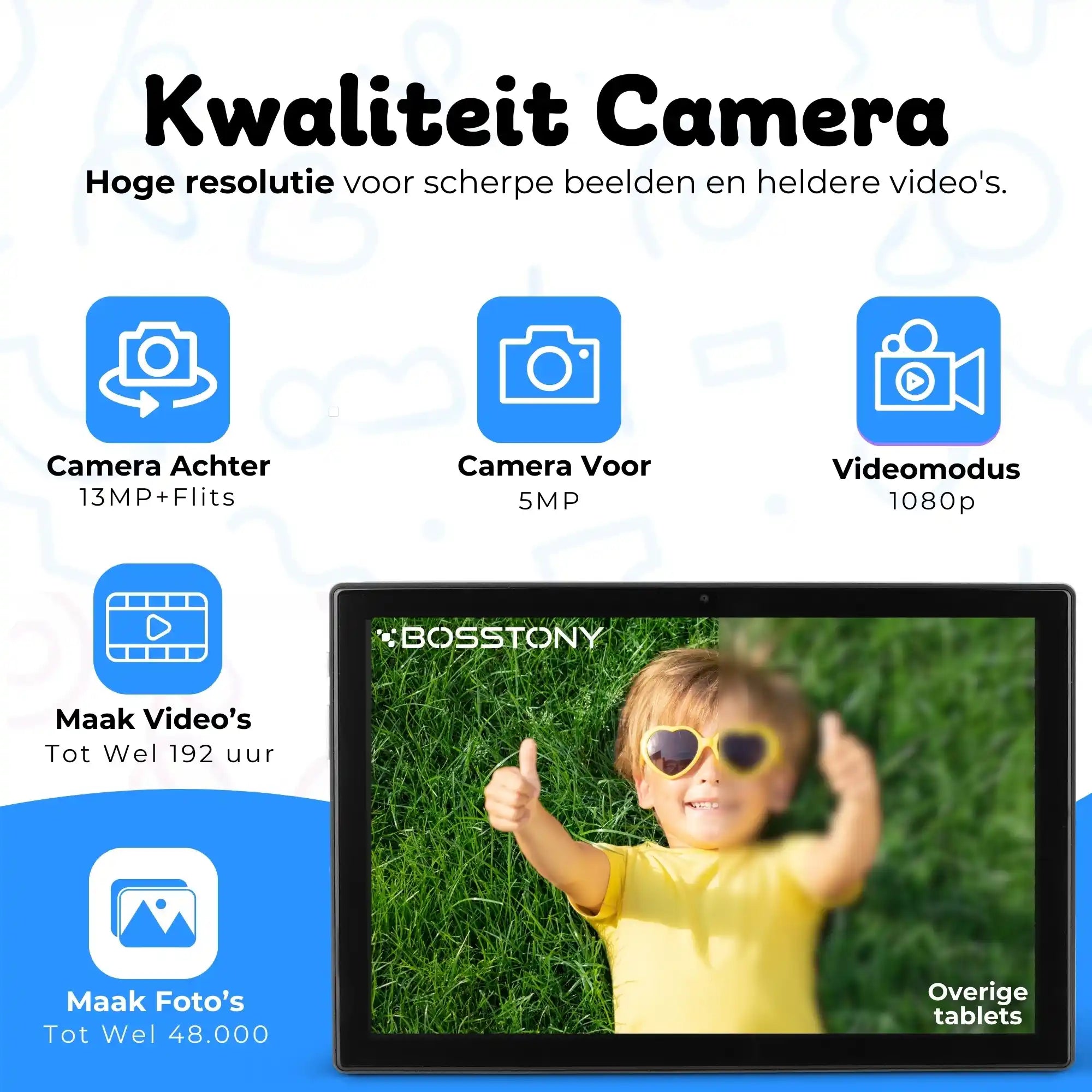 Bosstony kids tablet blauw camera 13mp 1080p fullhd videos