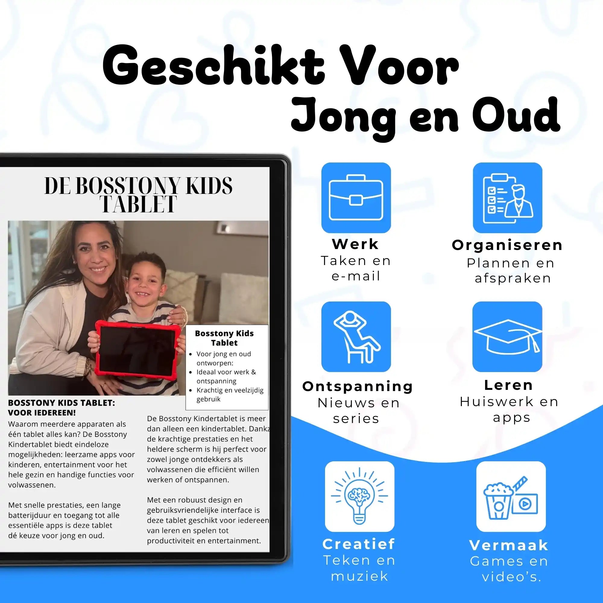 Bosstony kids tablet blauw geschikt jong oud werk leren vermaak