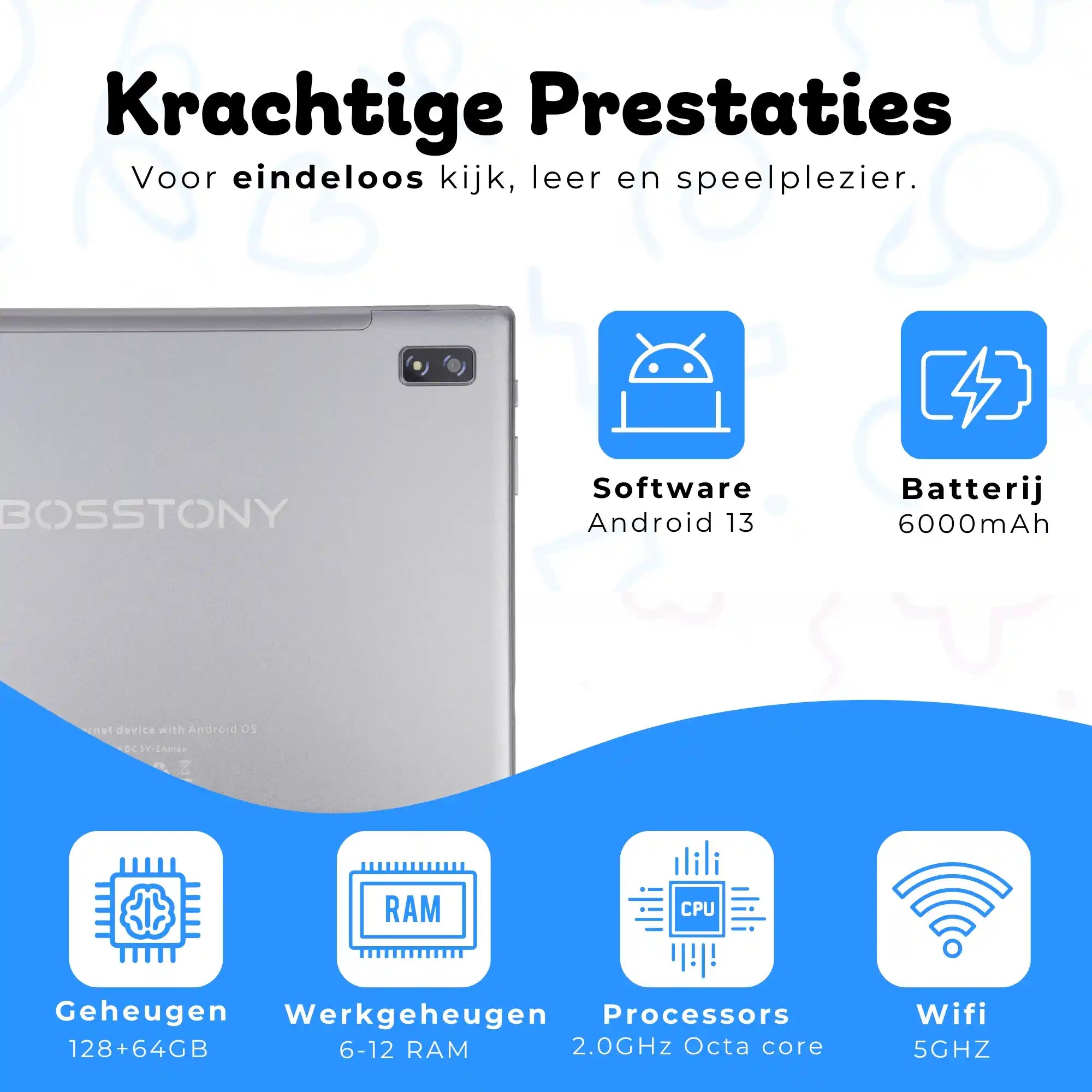 Bosstony kids tablet blauw krachtige prestaties android 13 octacore 6gb 12gb ram 2ghz 128gb