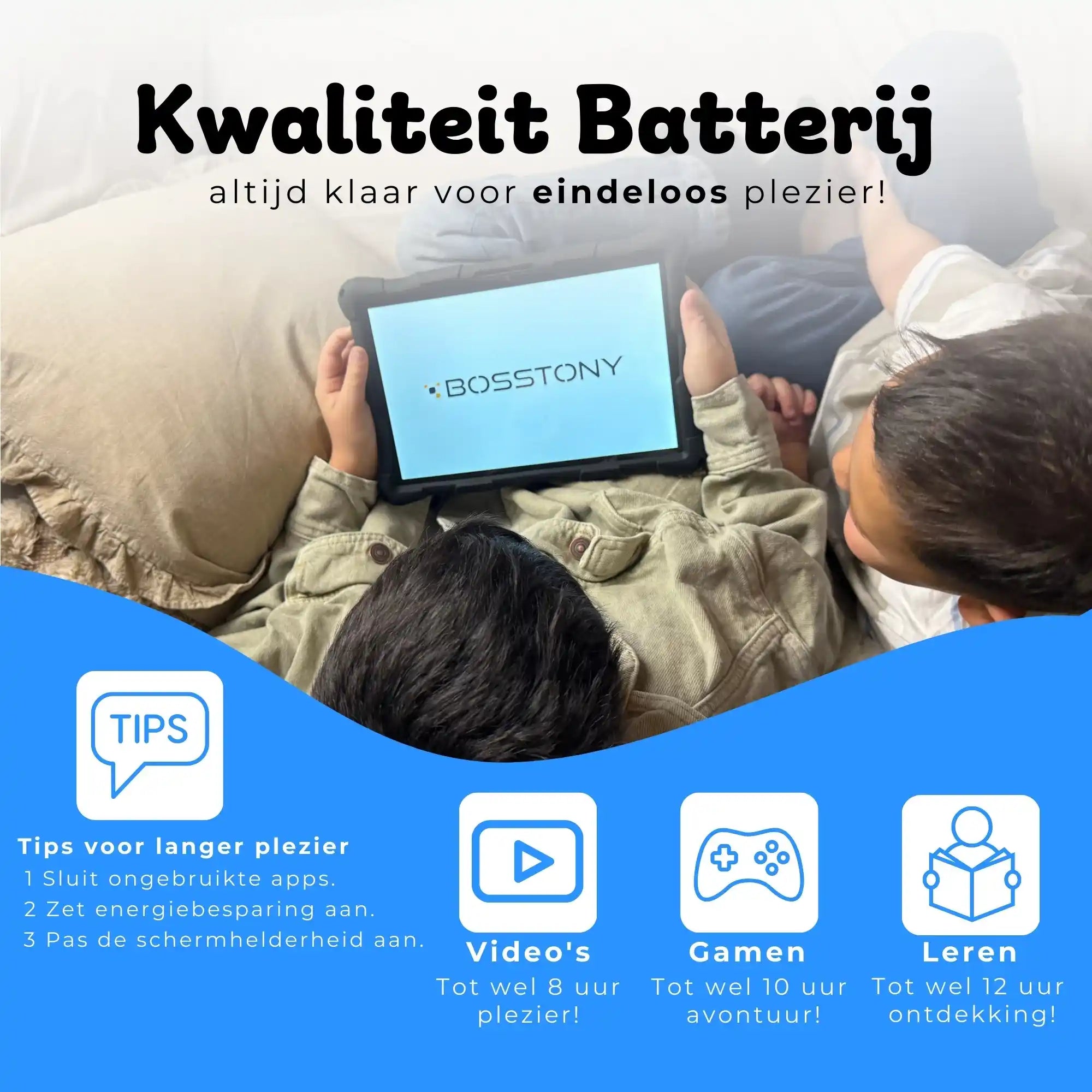 Bosstony kids tablet blauw kwaliteit batterij videos gamen ontdekken