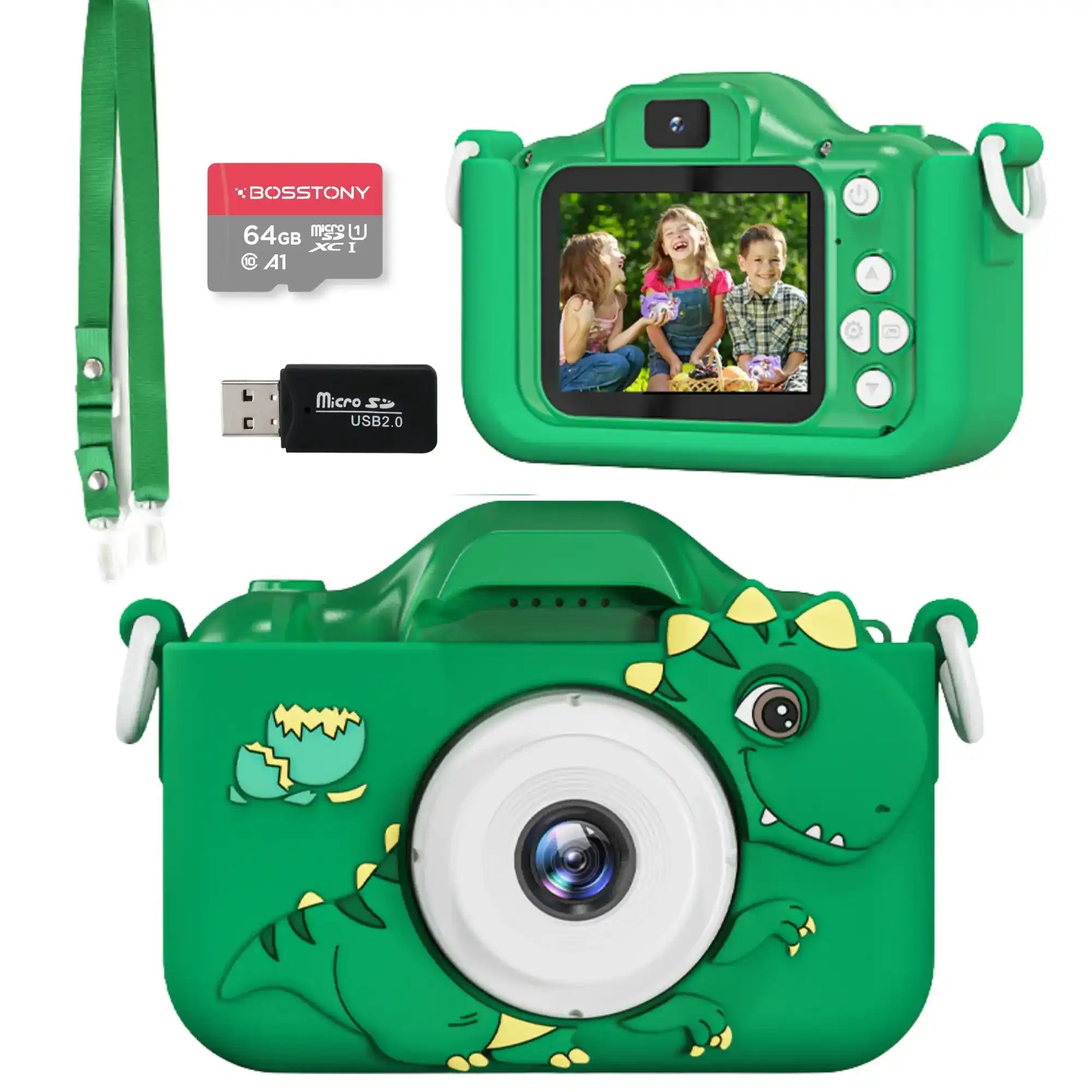 Bosstony groene kindercamera met 64GB geheugen en 48MP, perfect als eerste fototoestel voor kinderen