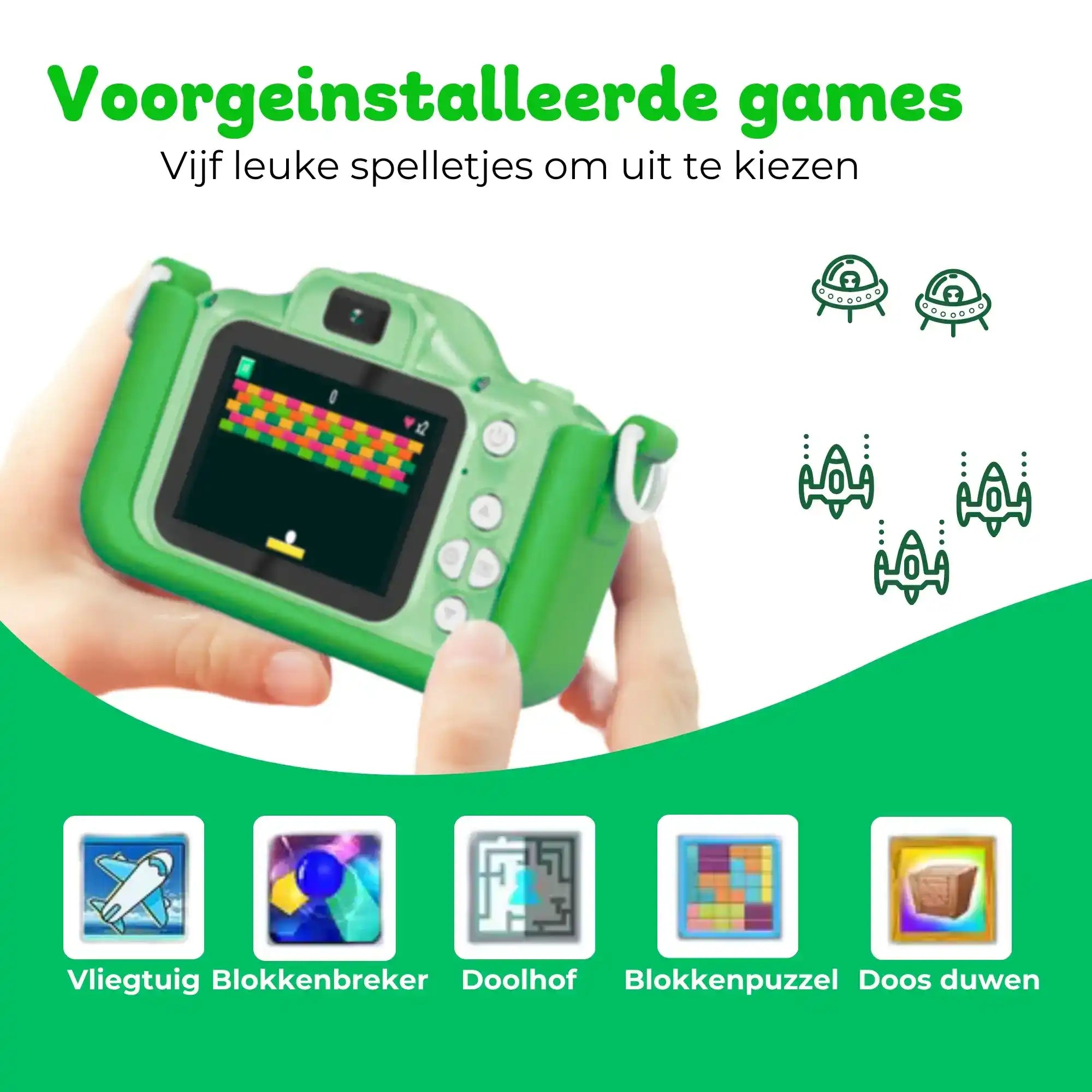 duurzame en schokbestendige Bosstony groene kindercamera, ideaal voor avontuurlijke kinderen