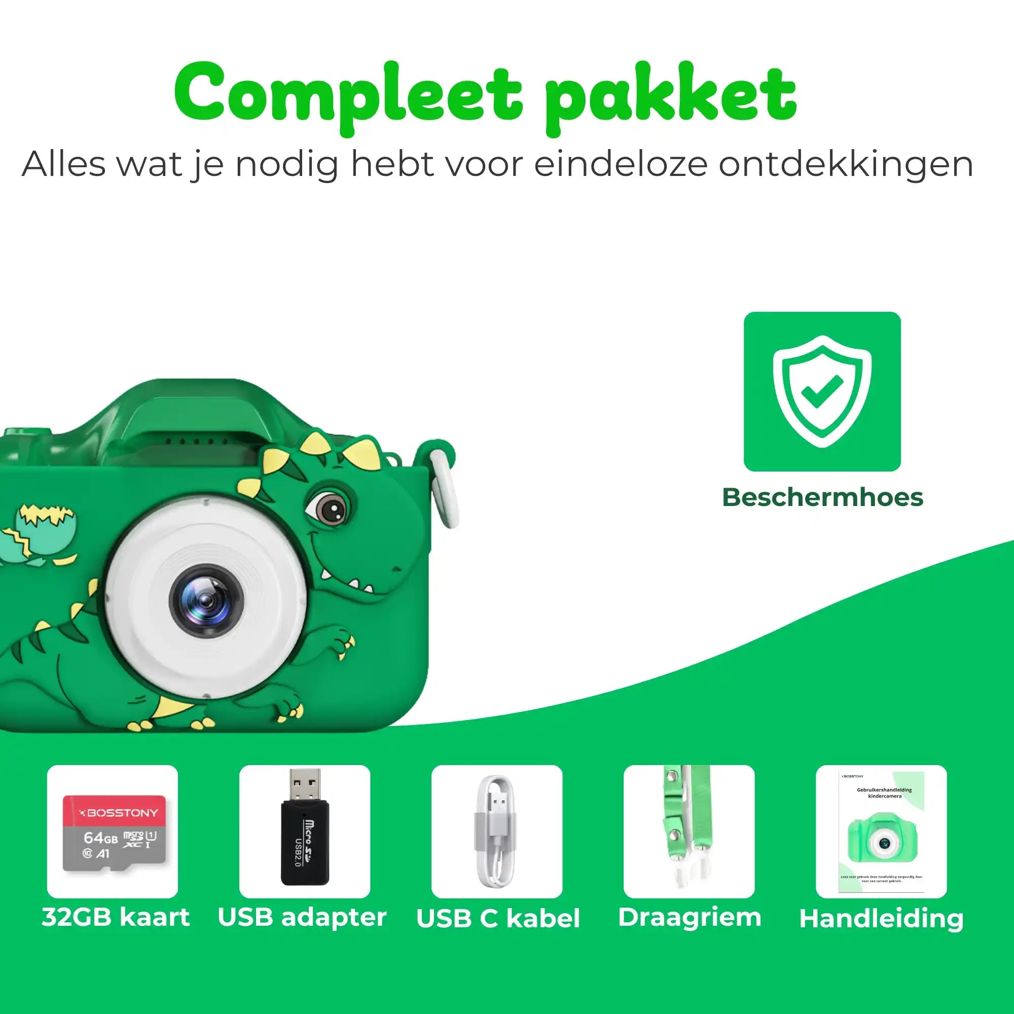 groene kindercamera met Full HD video en een groot 2-inch scherm voor duidelijk beeld